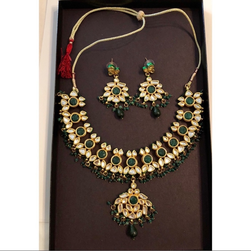 Jadau Kundan Gemstone Gold Plated Necklace Set